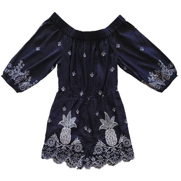 NWT Anthropologie Farm Rio Linen Pineapple Romper XS Navy Embroidered Summer - Picture 5 of 8